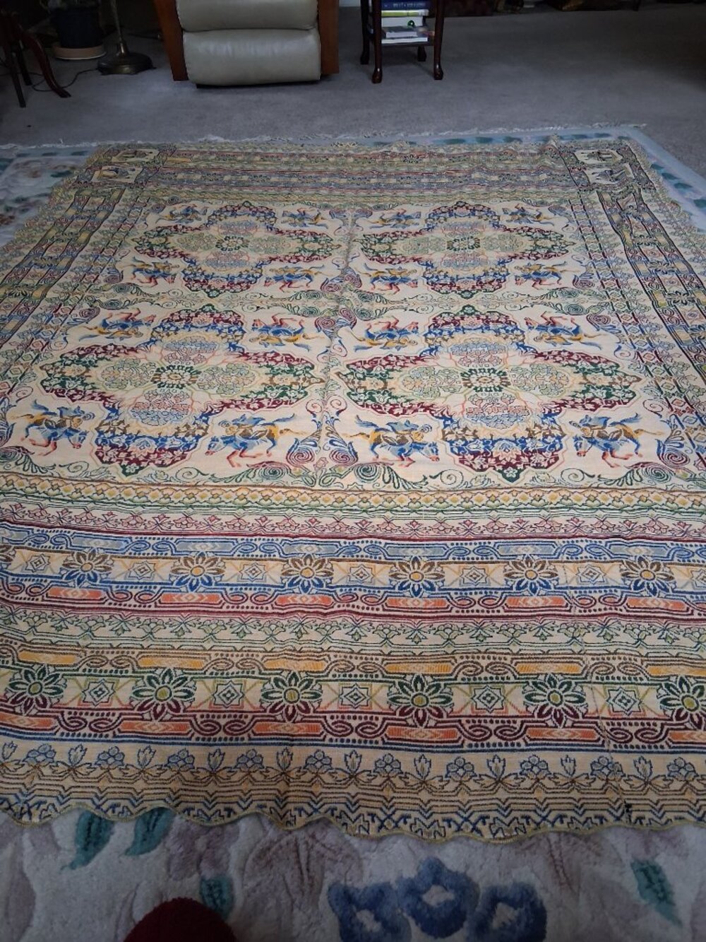 ✨Mid‑Century Italian Jacquard Bedspread 🌿 Horsemen Tapestry Luxe 94x78 - Picture 2 of 11